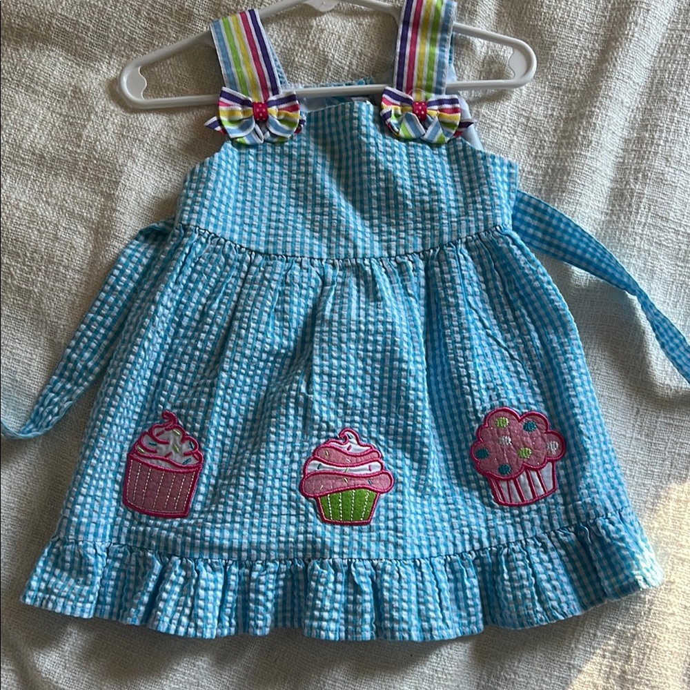 Blue Gingham Dress with Cupcake Appliques